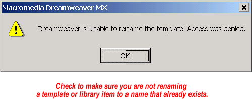 Error Message: Dreamweaver is unable to rename the template. Access was denied.