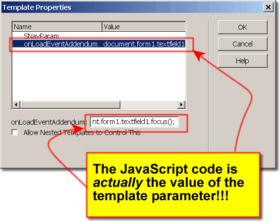 onLoadEvent template parameter value is actually the JavaScript code itself!!!