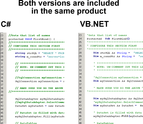 C# and VB.NET are both included