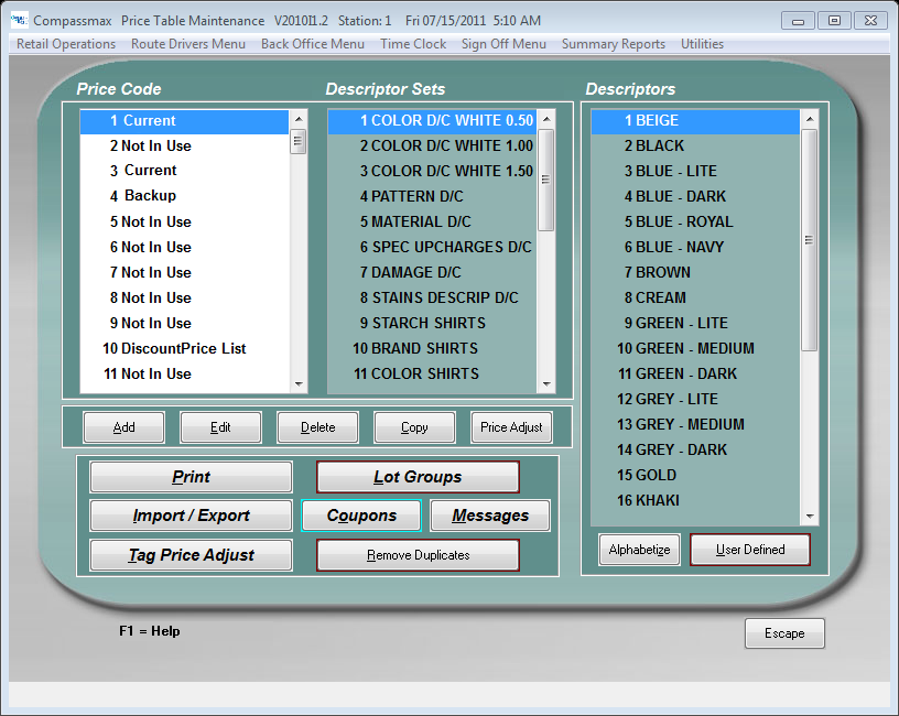Compass Max v10 Price Table Maintenance with Descripter Sets
